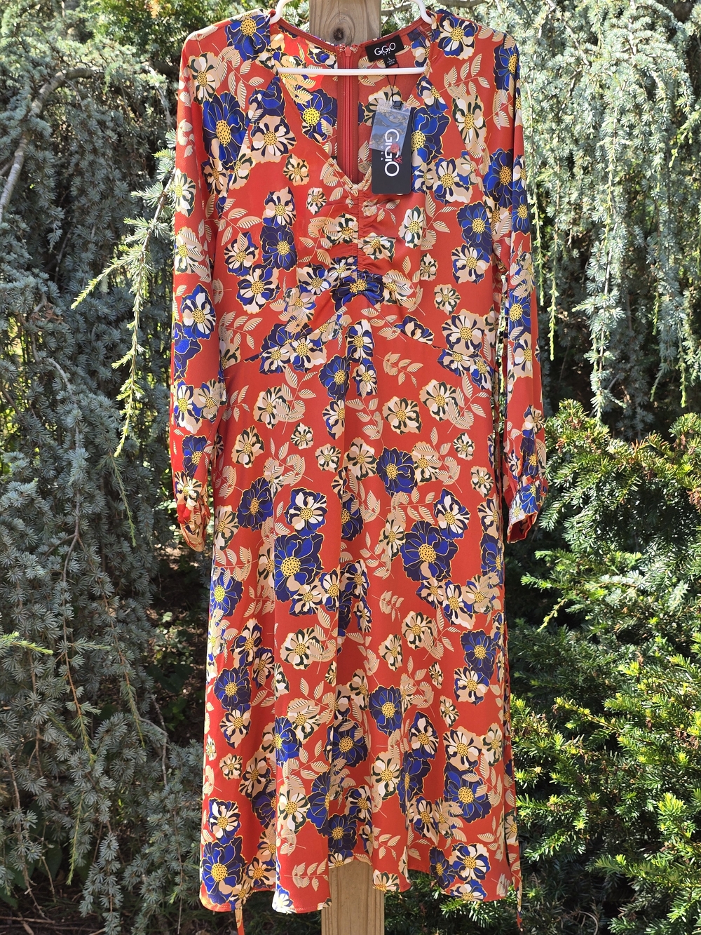 Orange Red Floral V-Neck Midi Dress